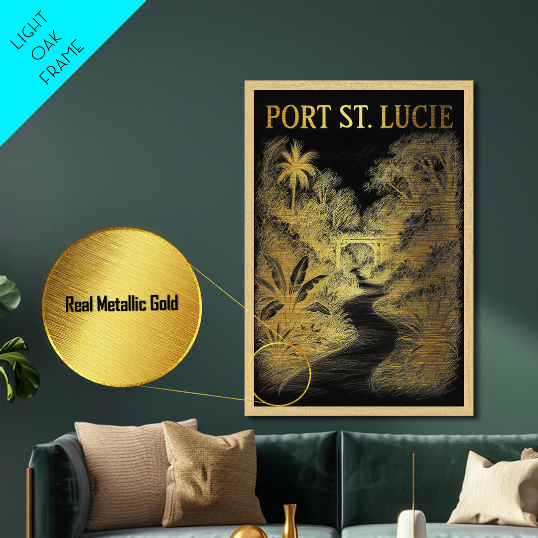 Port St Lucie Florida travel, Metallic Gold Print, Modern Skyline Wall Print, Metal Art, Wood Framed Art, Adventure Lover Gift, Travel Gift