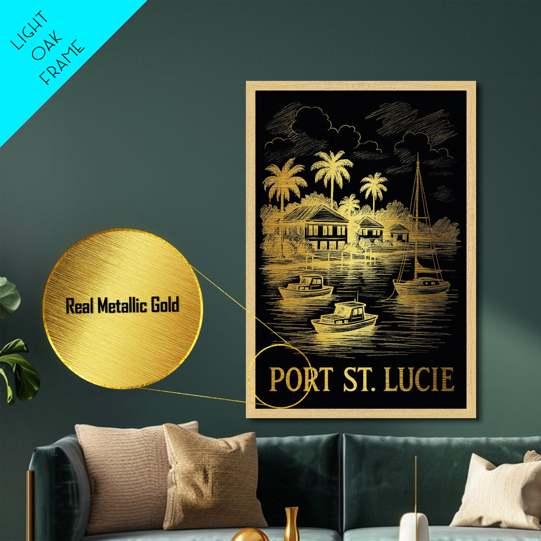Port St Lucie Florida art, Metallic Gold Art, Housewarming Gift, Metal Art, Wood Framed Art, Newlywed Travel Gift, Honeymoon Gift