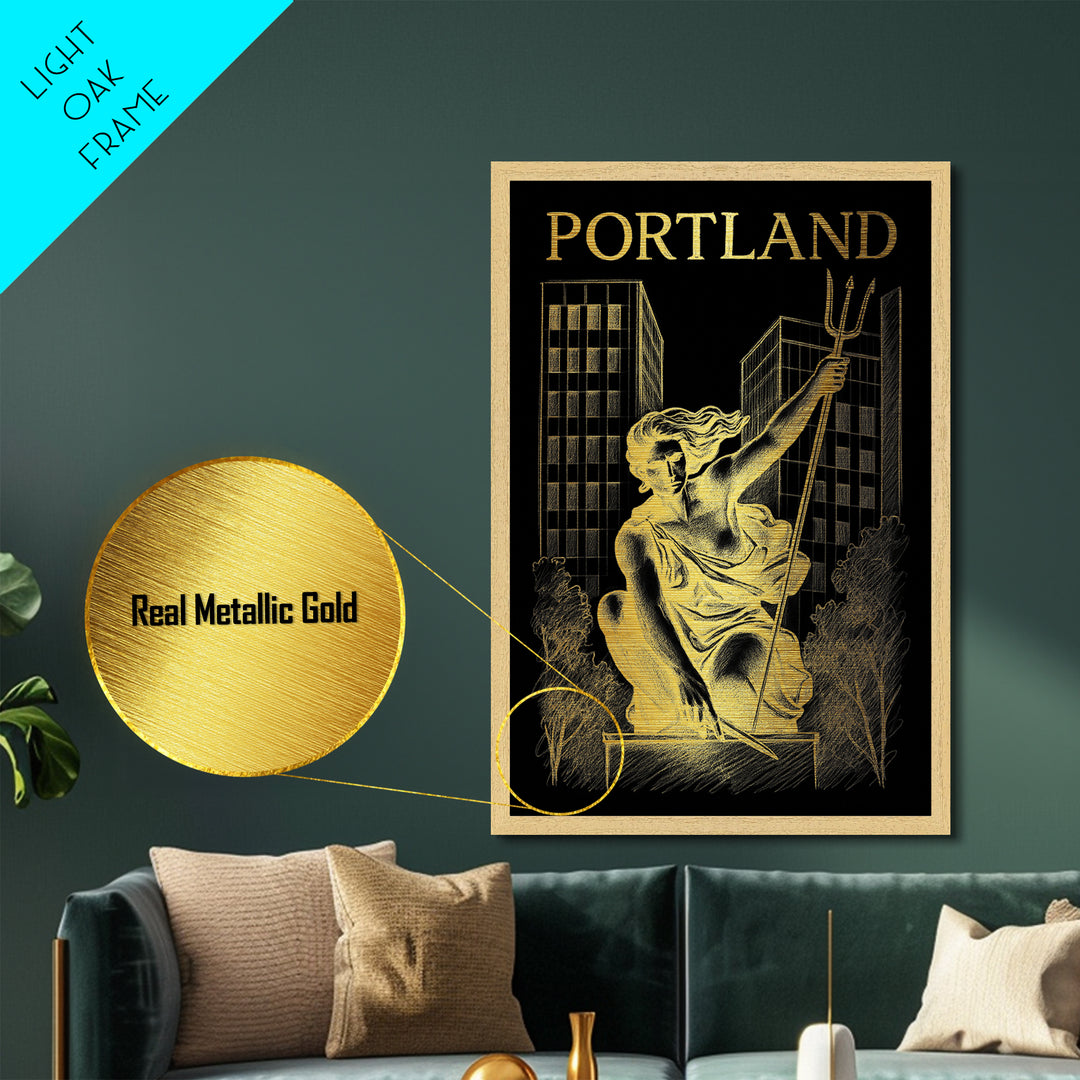Portland Oregon travel, Metallic Gold Print, College Dorm Décor, Metal Art, Wood Framed Art, Graduation Travel Gift, Traveler Gift