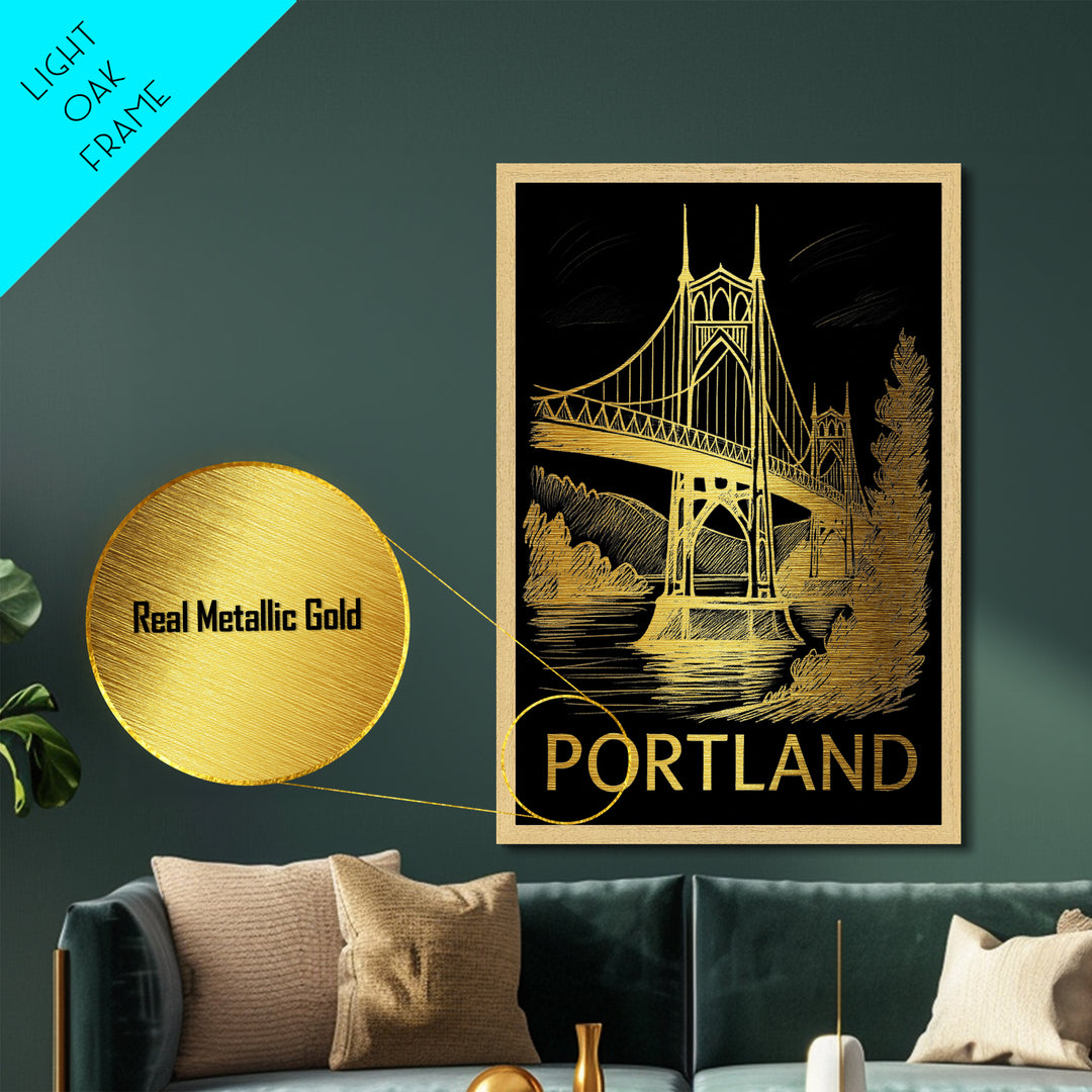 Portland Oregon art, Metallic Gold Art, Best Friend Gifts, Metal Art, Wood Framed Art, Birthday Travel Gift, Destination Gift