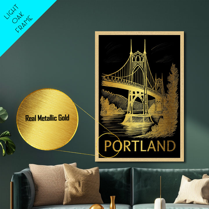 Portland Oregon art, Metallic Gold Art, Best Friend Gifts, Metal Art, Wood Framed Art, Birthday Travel Gift, Destination Gift
