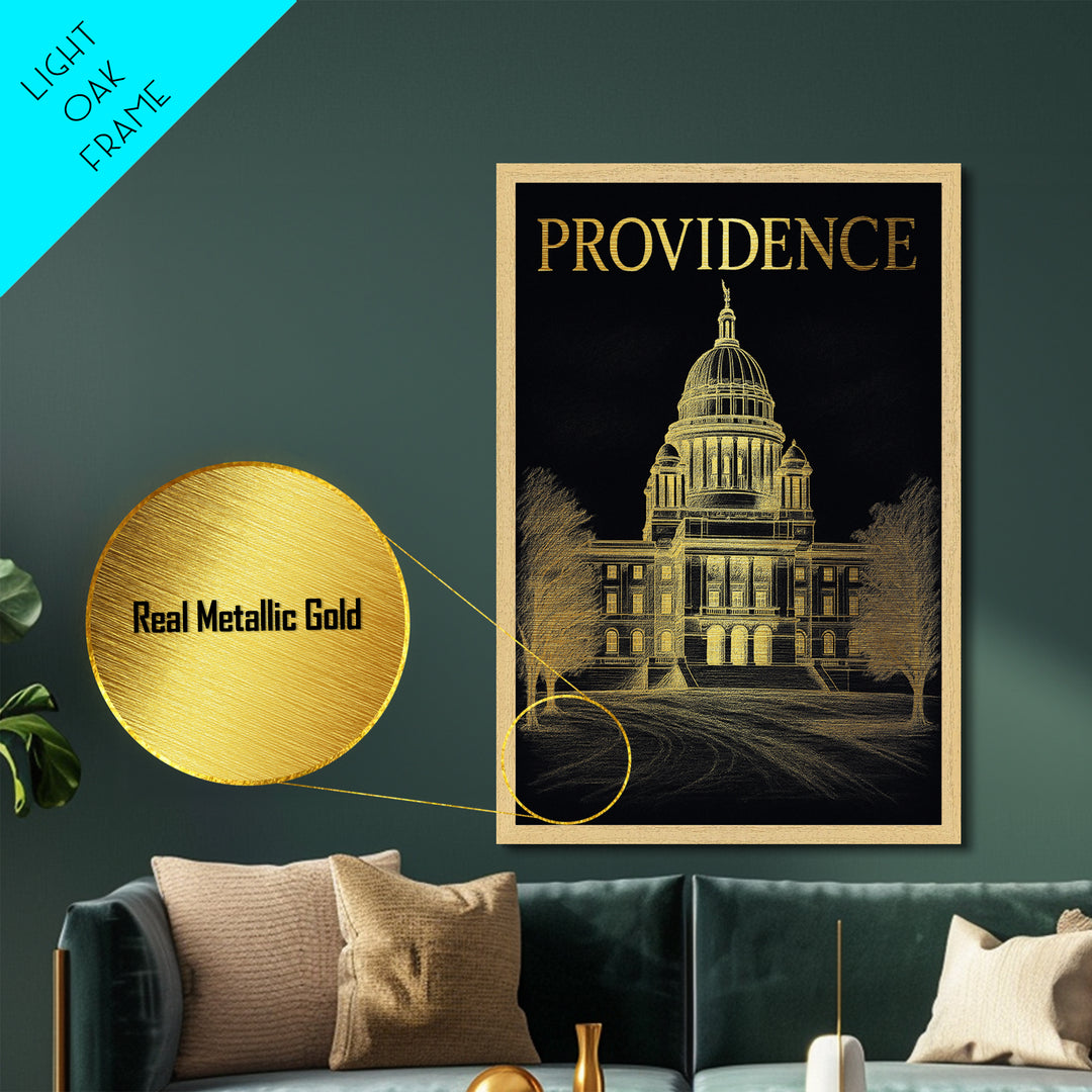 Providence Rhode Island travel, Metallic Gold Print, Closing Gift, Metal Art, Wood Framed Art, Anniversary Gift, Retirement Travel Gift