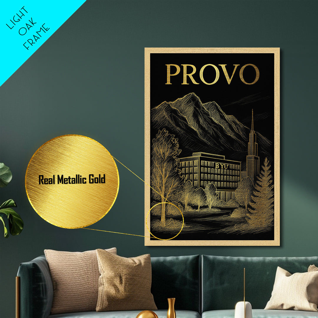 Provo Utah travel, Metallic Gold Print, Modern House Art, Metal Art, Wood Framed Art, Wanderlust Gift, Travel Art Prints