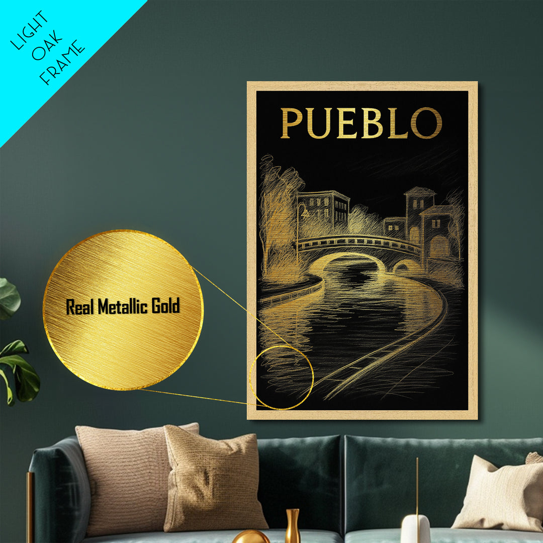 Pueblo Colorado travel, Metallic Gold Print, Modern House Art, Metal Art, Wood Framed Art, Traveler Gift, Destination Gift
