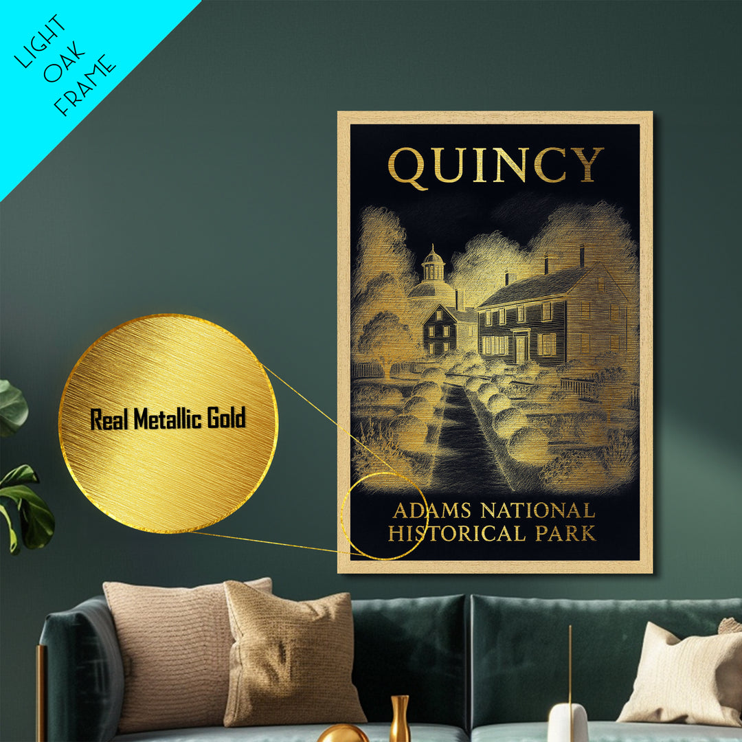 Quincy Massachusetts travel, Metallic Gold Print, College Dorm Décor, Metal Art, Wood Framed Art, Graduation Travel Gift, Traveler Gift