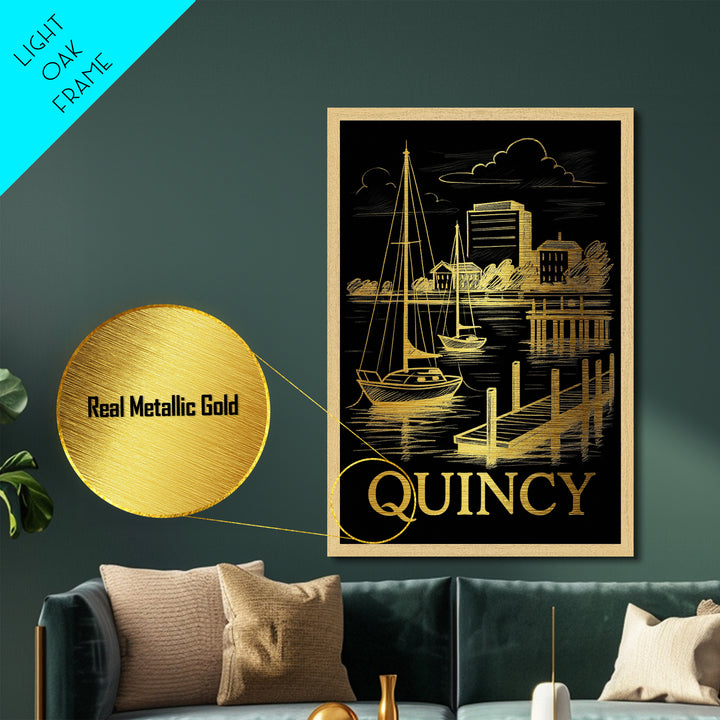 Quincy Massachusetts art, Metallic Gold Art, Best Friend Gifts, Metal Art, Wood Framed Art, Birthday Travel Gift, Destination Gift