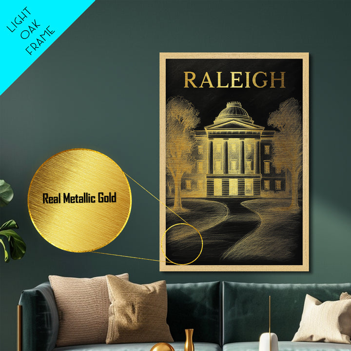 Raleigh North Carolina travel, Metallic Gold Print, Modern Skyline Wall Print, Metal Art, Wood Framed Art, Adventure Lover Gift, Travel Gift