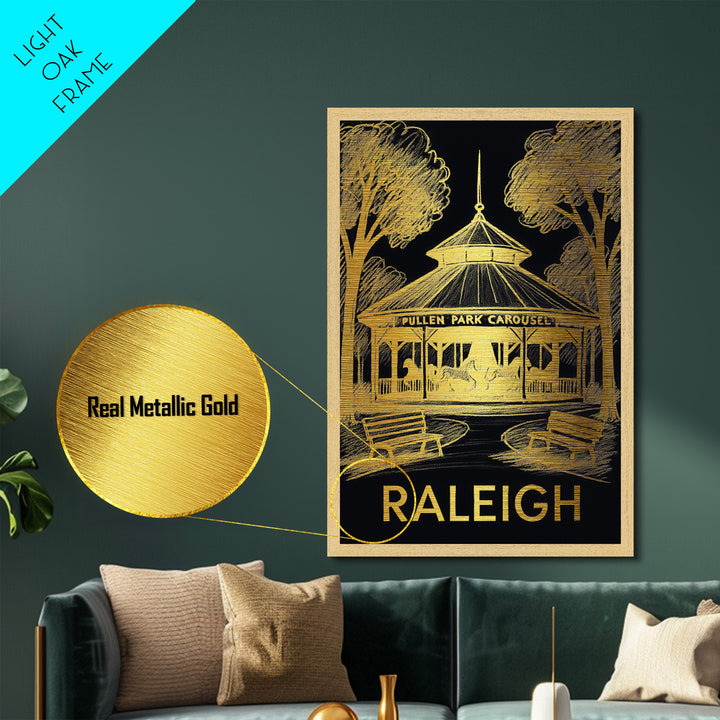 Raleigh North Carolina art, Metallic Gold Art, Housewarming Gift, Metal Art, Wood Framed Art, Newlywed Travel Gift, Honeymoon Gift