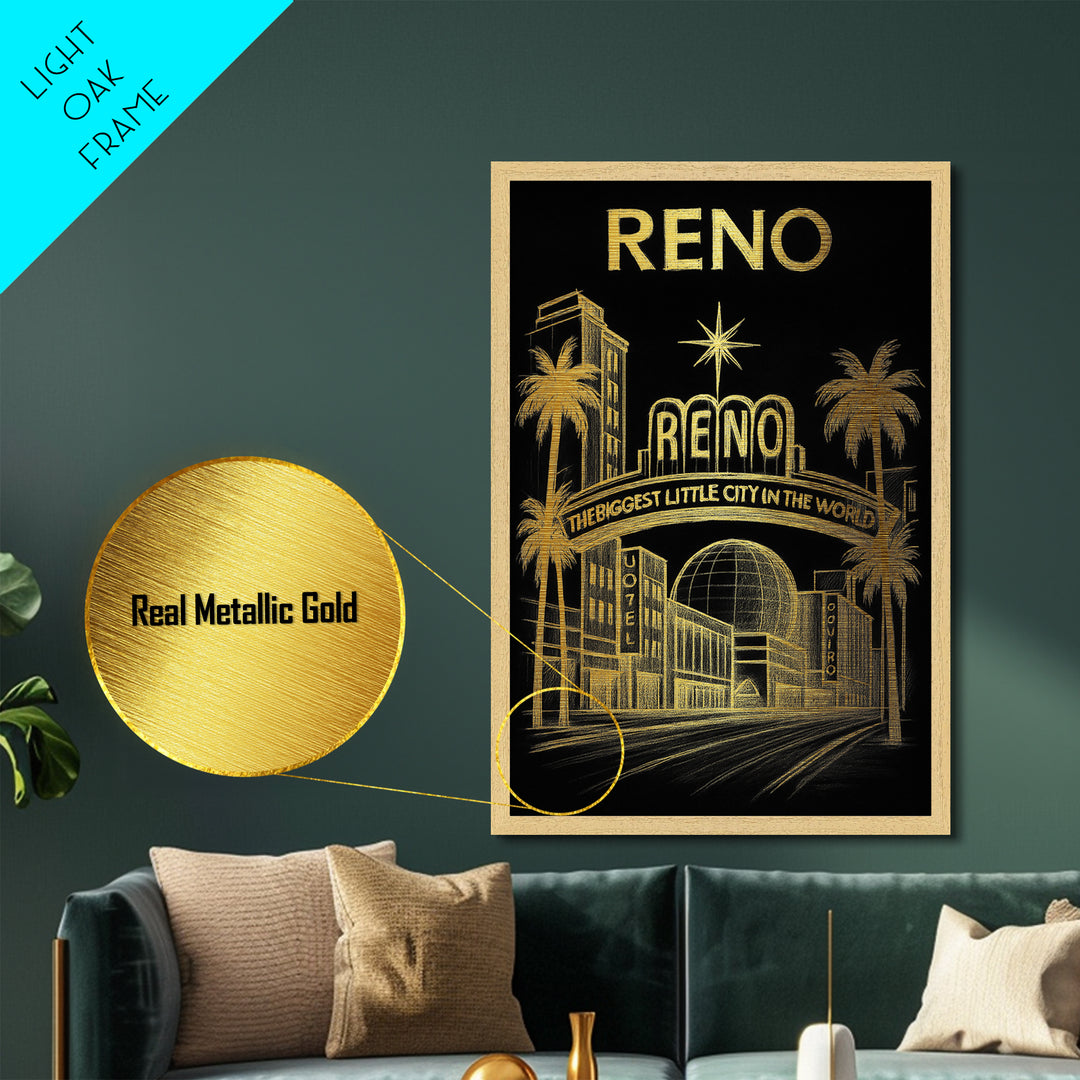 Reno Nevada travel, Metallic Gold Print, Modern House Art, Metal Art, Wood Framed Art, Wanderlust Gift, Travel Art Prints
