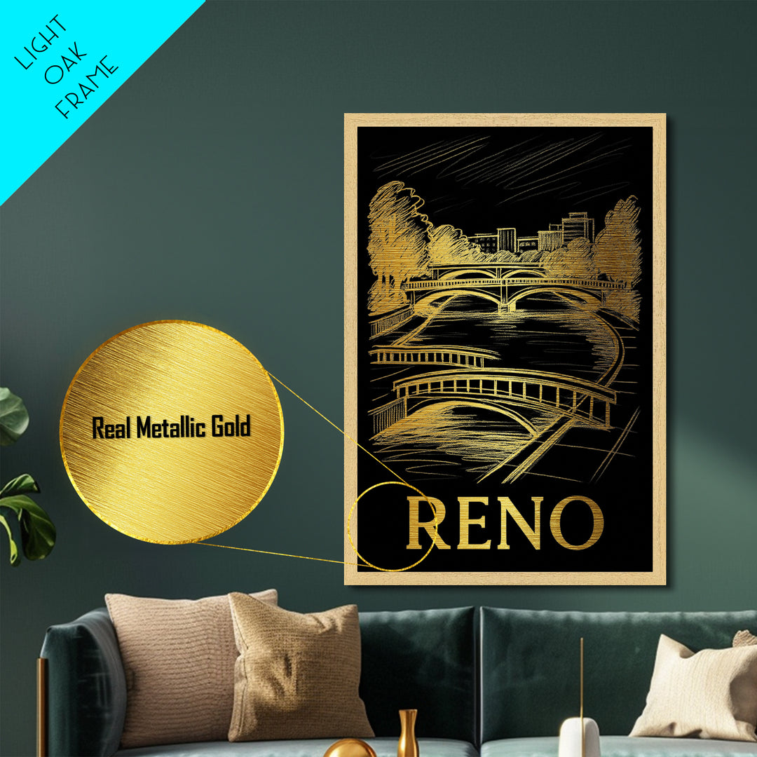 Reno Nevada art, Metallic Gold Art, Travel Art Prints, Metal Art, Wood Framed Art, Adventure Lover Gift, Traveler Gift