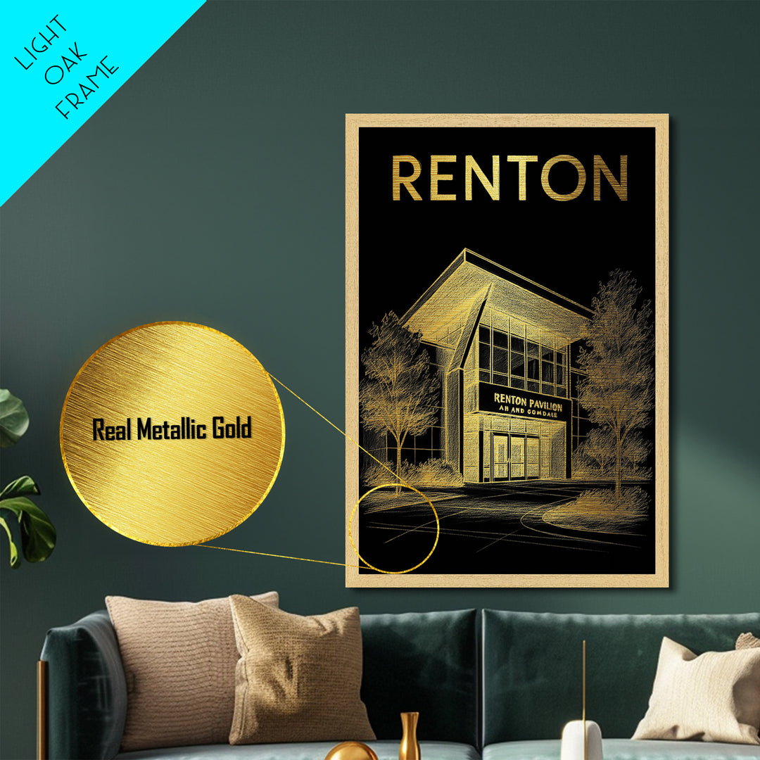 Renton Washington travel, Metallic Gold Print, Modern House Art, Metal Art, Wood Framed Art, Traveler Gift, Destination Gift