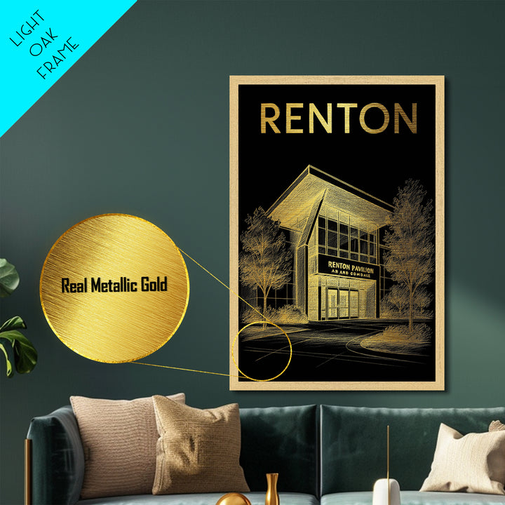 Renton Washington travel, Metallic Gold Print, Modern House Art, Metal Art, Wood Framed Art, Traveler Gift, Destination Gift