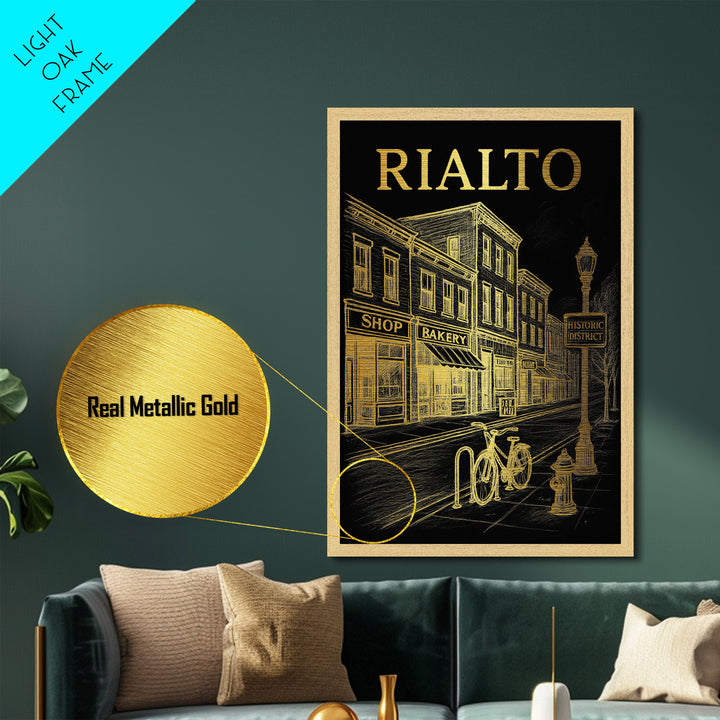 Rialto California travel, Metallic Gold Print, College Dorm Décor, Metal Art, Wood Framed Art, Graduation Travel Gift, Traveler Gift