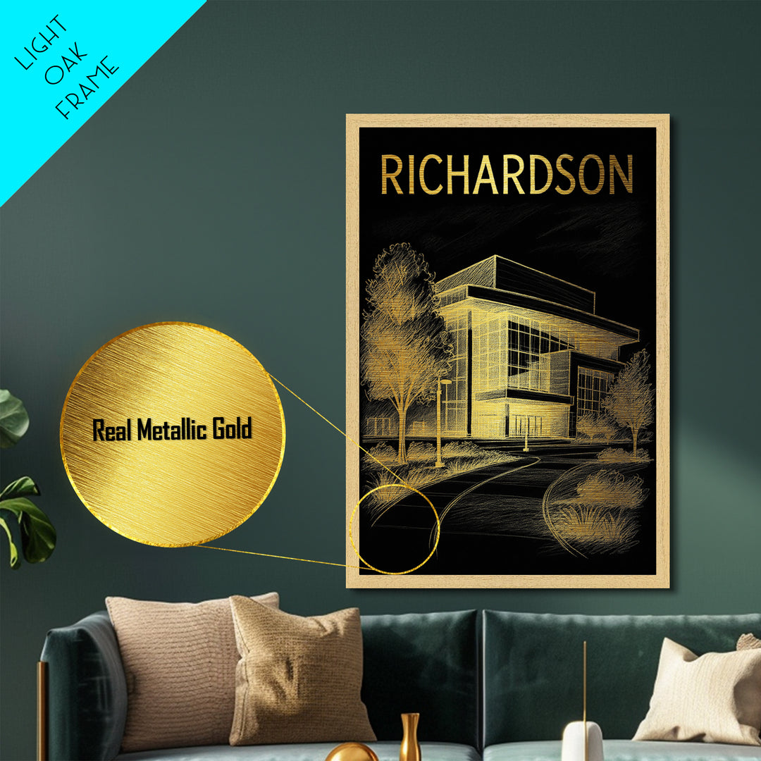 Richardson Texas travel, Metallic Gold Print, Modern Skyline Wall Print, Metal Art, Wood Framed Art, Adventure Lover Gift, Travel Gift