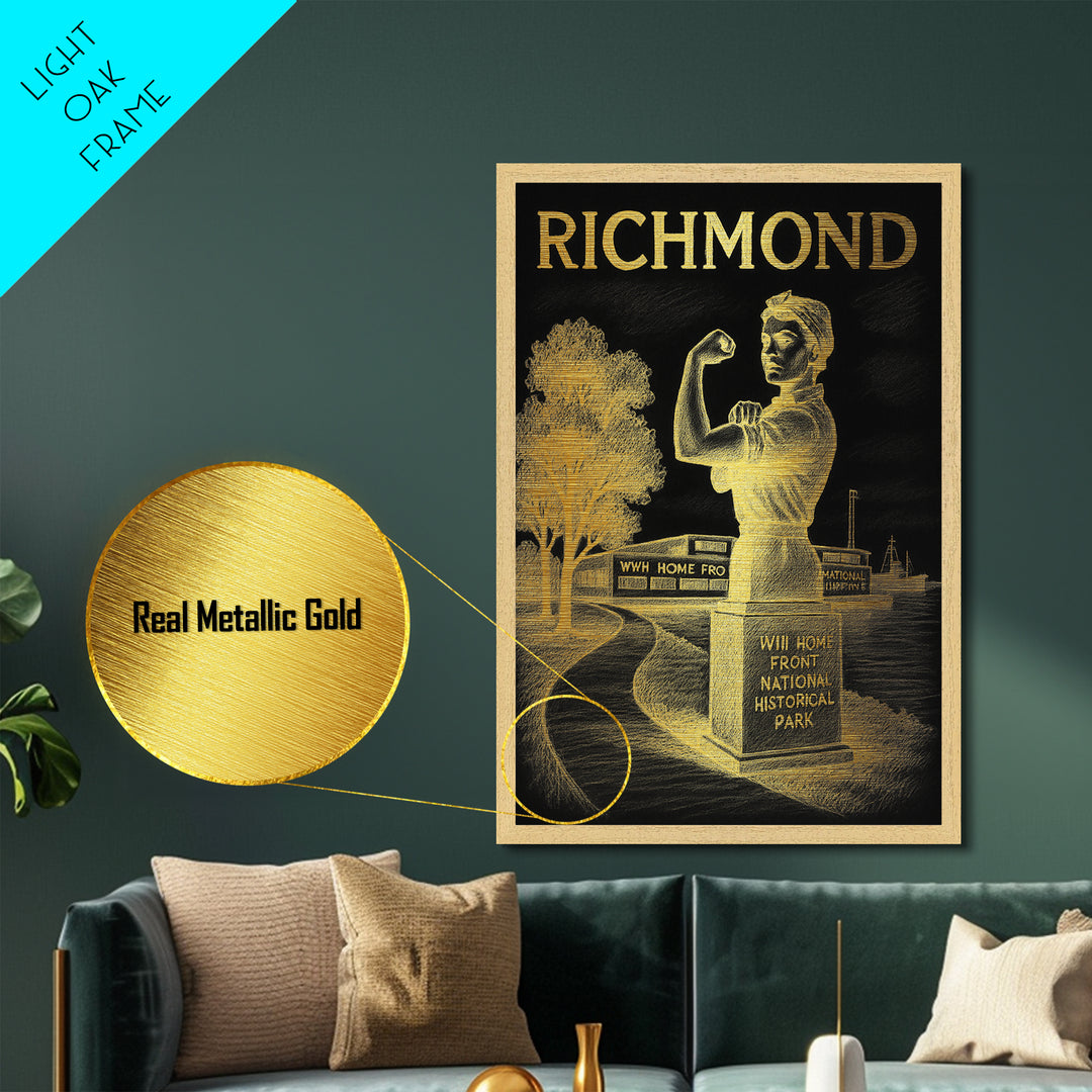 Richmond Virginia travel, Metallic Gold Print, Closing Gift, Metal Art, Wood Framed Art, Anniversary Travel Gift, Retirement Gift