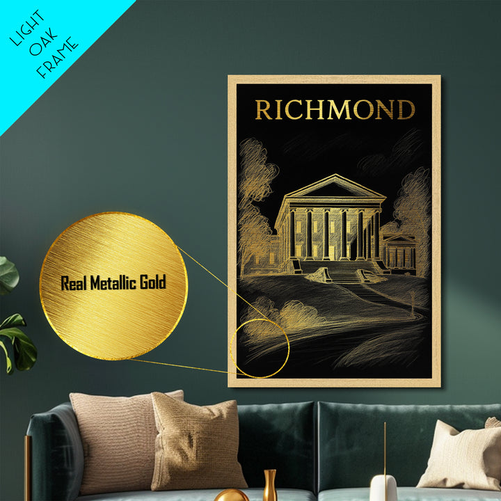Richmond Virginia art, Metallic Gold Art, Office Decor, Metal Art, Wood Framed Art, Graduation Travel Gift, Destination Gift