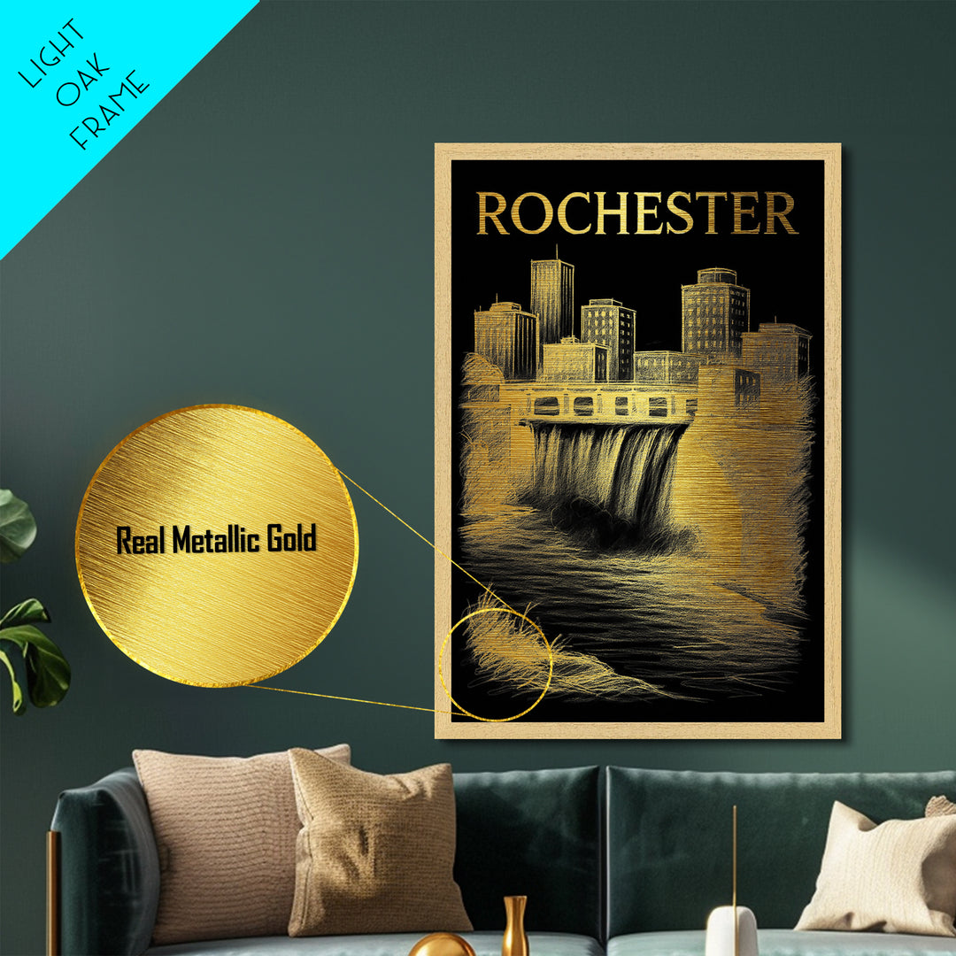 Rochester New York travel, Metallic Gold Print, Modern Skyline Wall Print, Metal Art, Wood Framed Art, Adventure Lover Gift, Travel Gift