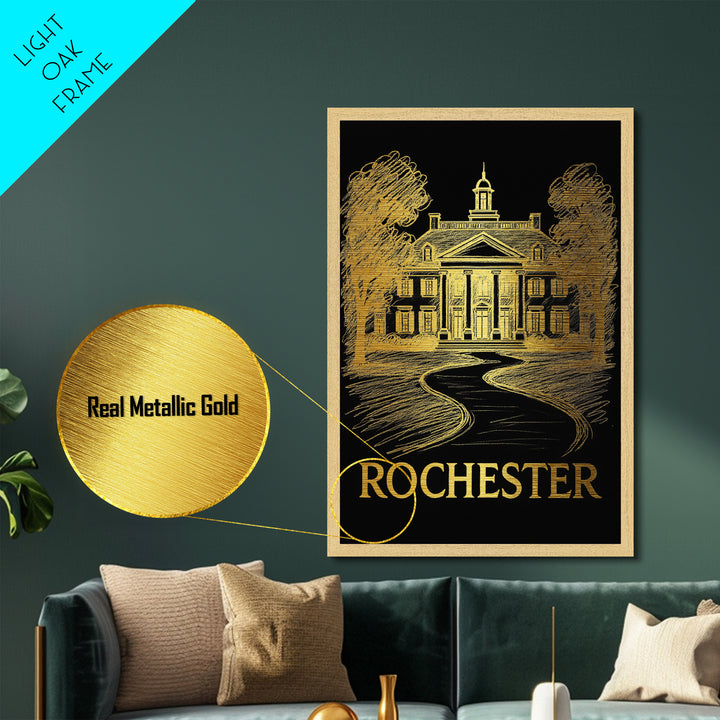 Rochester Minnesota art, Metallic Gold Art, Office Decor, Metal Art, Wood Framed Art, Graduation Travel Gift, Destination Gift
