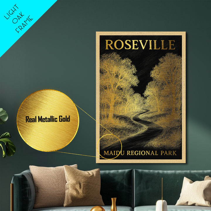 Roseville California travel, Metallic Gold Print, Modern House Art, Metal Art, Wood Framed Art, Traveler Gift, Destination Gift