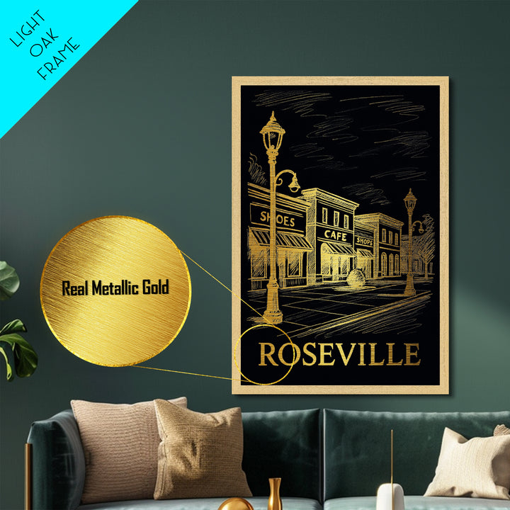 Roseville California art, Metallic Gold Art, Modern House Art, Metal Art, Wood Framed Art, Graduation Travel Gift, Travel Gift