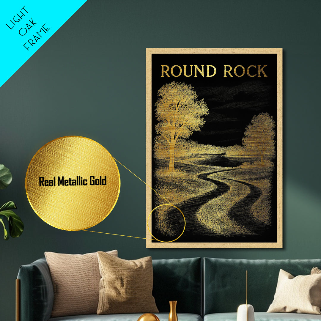 Round Rock Texas travel, Metallic Gold Print, College Dorm Décor, Metal Art, Wood Framed Art, Graduation Travel Gift, Traveler Gift