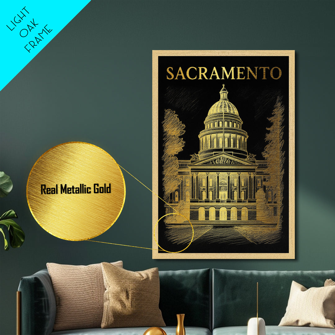 Sacramento California travel, Metallic Gold Print, Modern Skyline Wall Print, Metal Art, Wood Framed Art, Adventure Lover Gift, Travel Gift