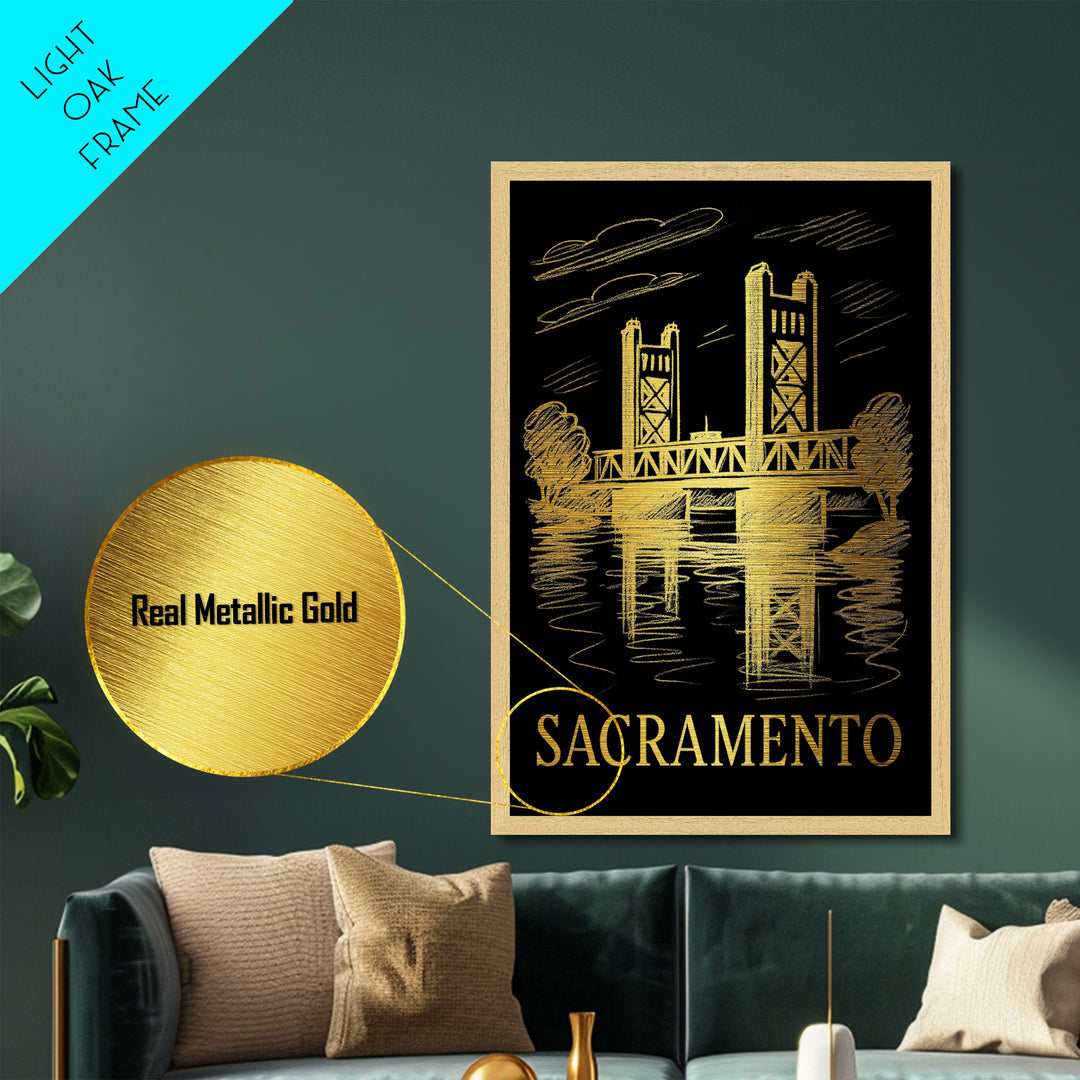 Sacramento California art, Metallic Gold Art, Housewarming Gift, Metal Art, Wood Framed Art, Newlywed Travel Gift, Honeymoon Gift