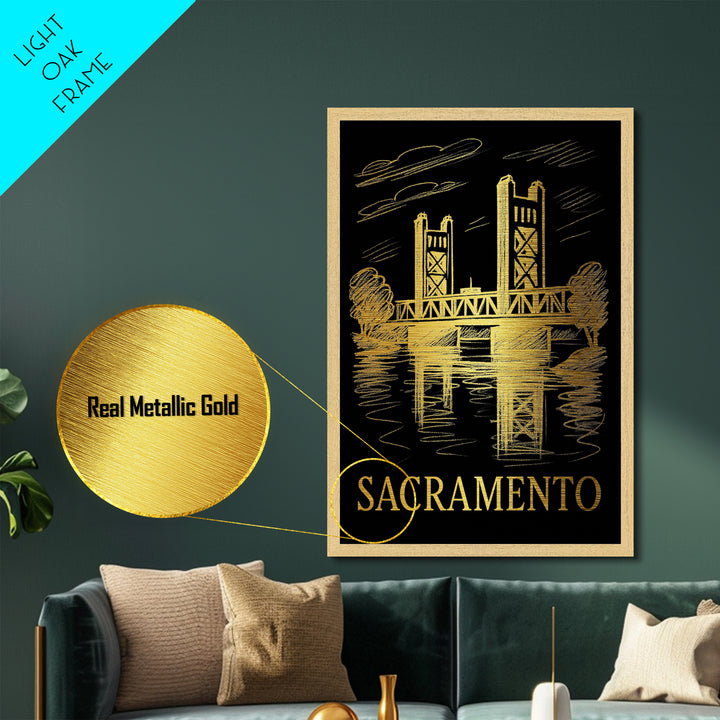 Sacramento California art, Metallic Gold Art, Housewarming Gift, Metal Art, Wood Framed Art, Newlywed Travel Gift, Honeymoon Gift