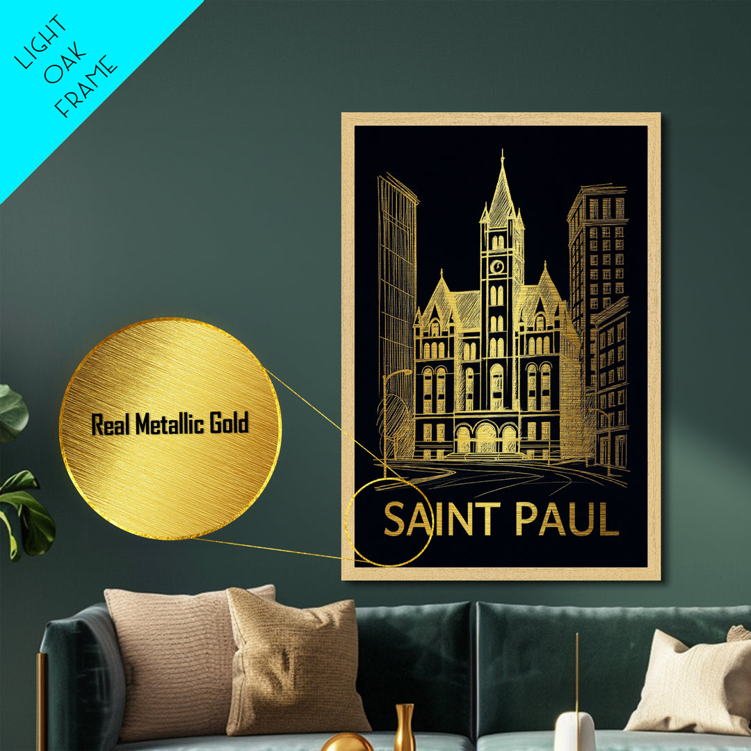 Saint Paul Minnesota art, Metallic Gold Art, Office Decor, Metal Art, Wood Framed Art, Graduation Travel Gift, Destination Gift
