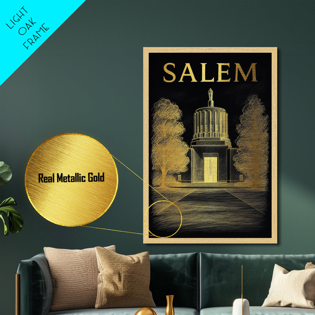 Salem Oregon travel, Metallic Gold Print, Modern House Art, Metal Art, Wood Framed Art, Wanderlust Gift, Travel Art Prints