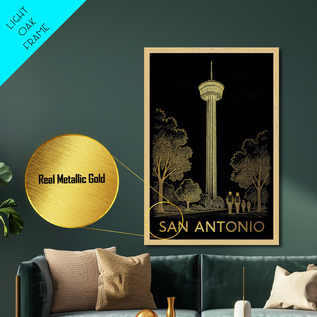 San Antonio Texas art, Metallic Gold Art, Housewarming Gift, Metal Art, Wood Framed Art, Newlywed Travel Gift, Honeymoon Gift
