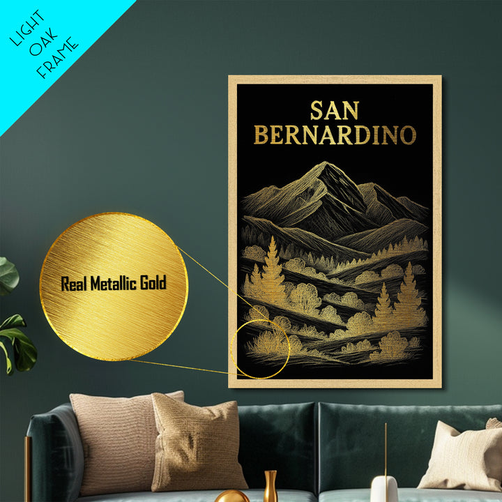 San Bernardino California travel, Metallic Gold Print, Closing Gift, Metal Art, Wood Framed Art, Anniversary Travel Gift, Retirement Gift