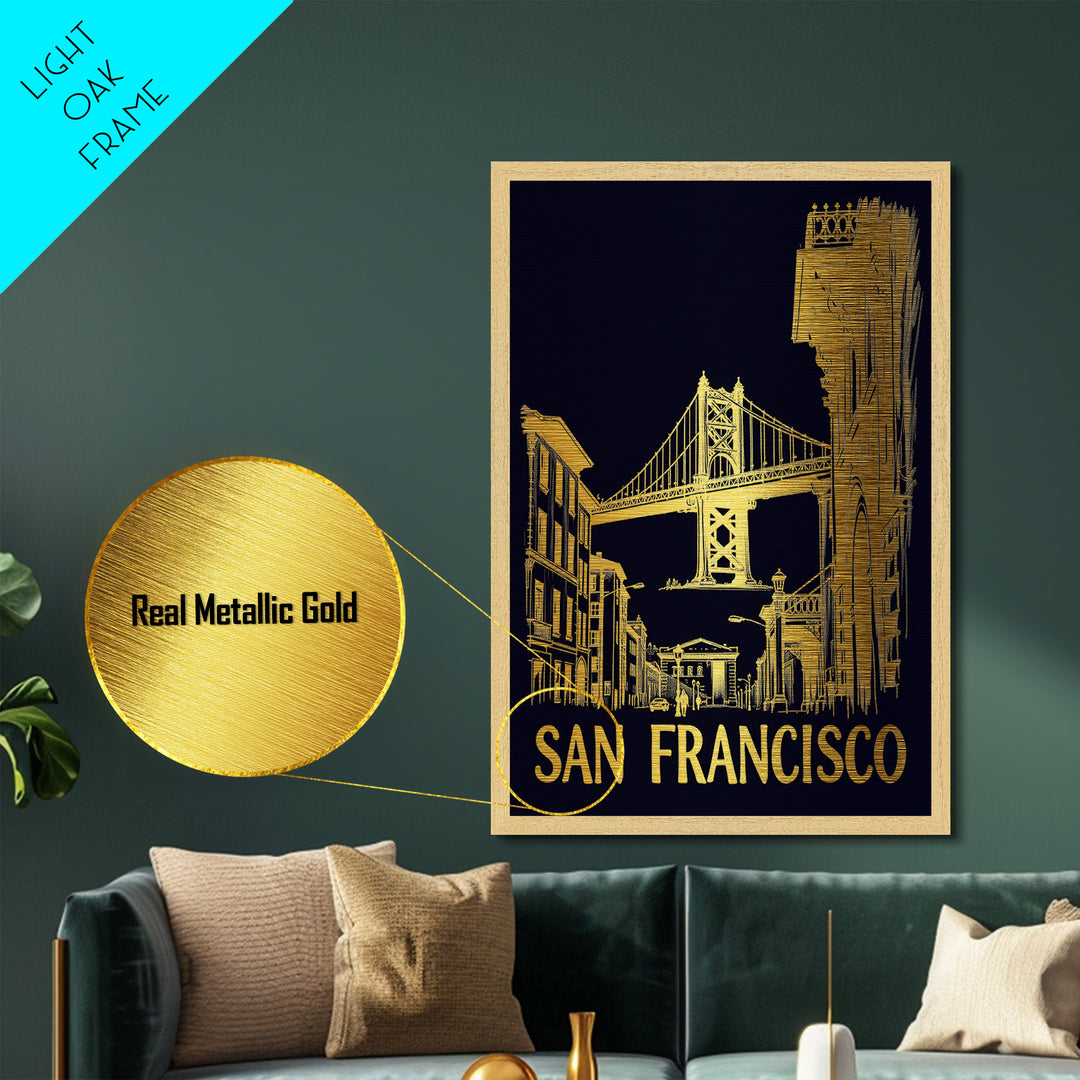 San Francisco California travel, Metallic Gold Print, College Dorm Décor, Metal Art, Wood Framed Art, Graduation Travel Gift, Traveler Gift