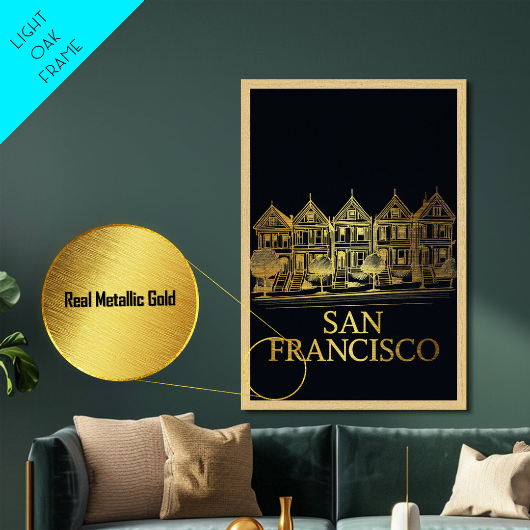 San Francisco California travel, Metallic Gold Print, Modern Skyline Wall Print, Metal Art, Wood Framed Art, Adventure Lover Gift