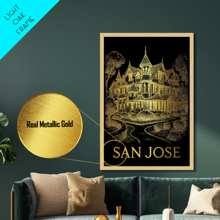 San Jose California art, Metallic Gold Print, Closing Gift, Metal Art, Wood Framed Art, Anniversary Travel Gift, Retirement Gift