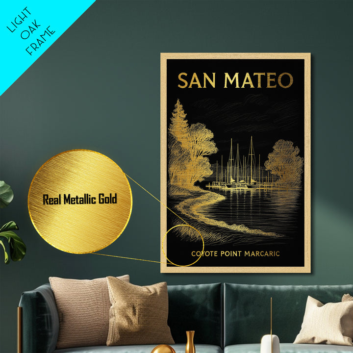 San Mateo California travel, Metallic Gold Print, Office Decor, Metal Art, Wood Framed Art, Graduation Travel Gift, Destination Gift