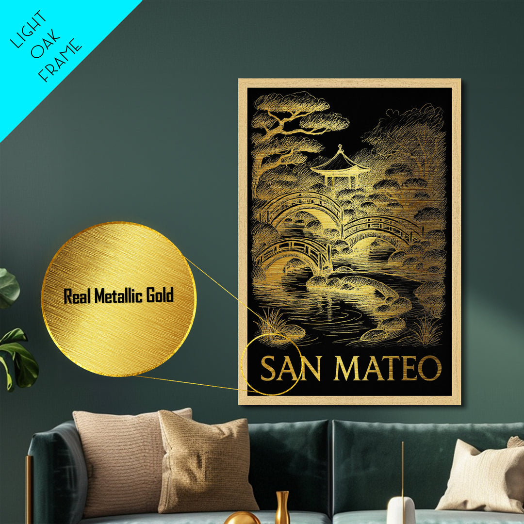 San Mateo California art, Metallic Gold Art, Travel Art Prints, Metal Art, Wood Framed Art, Adventure Lover Gift, Traveler Gift
