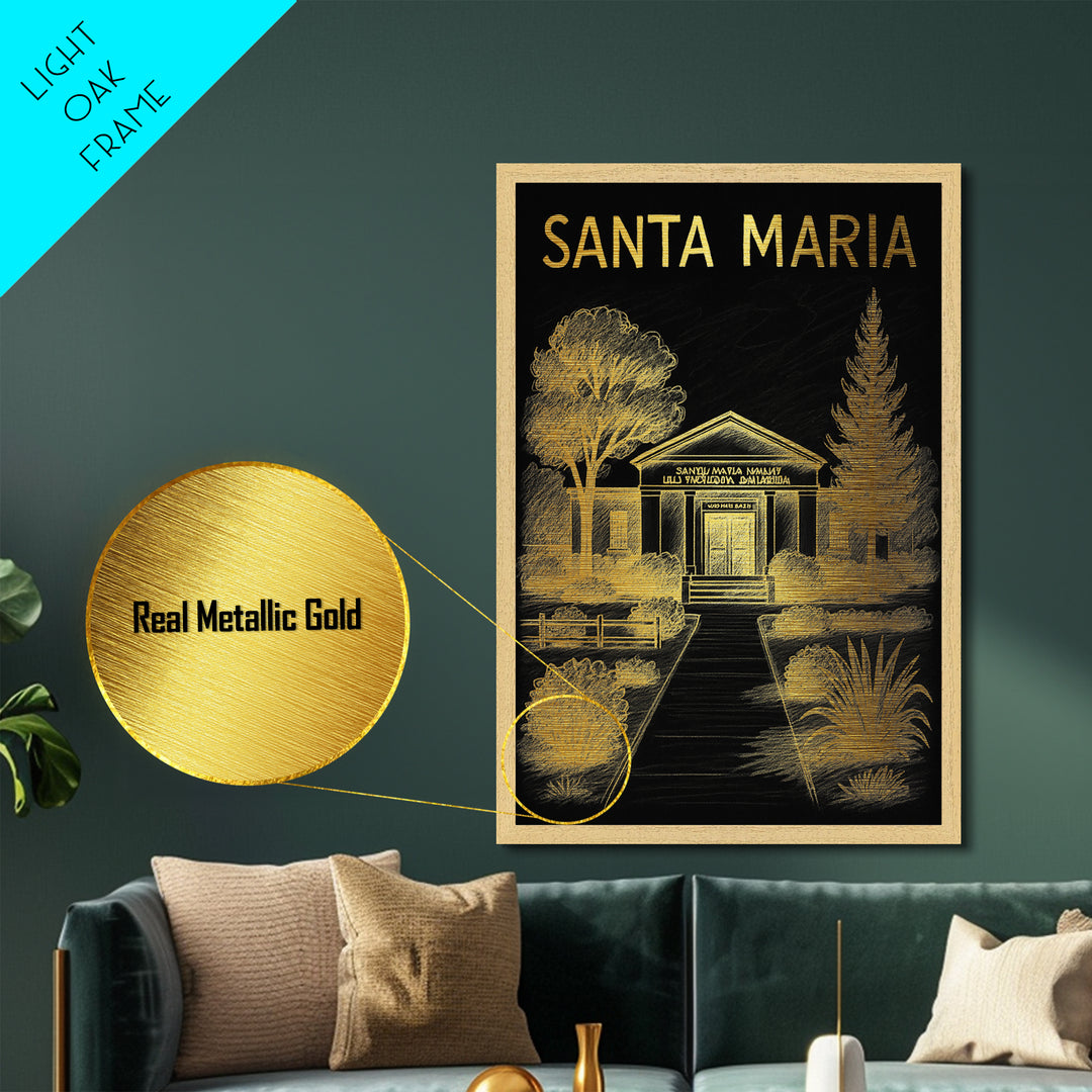 Santa Maria California travel, Metallic Gold Print, Closing Gift, Metal Art, Wood Framed Art, Anniversary Travel Gift, Retirement Gift
