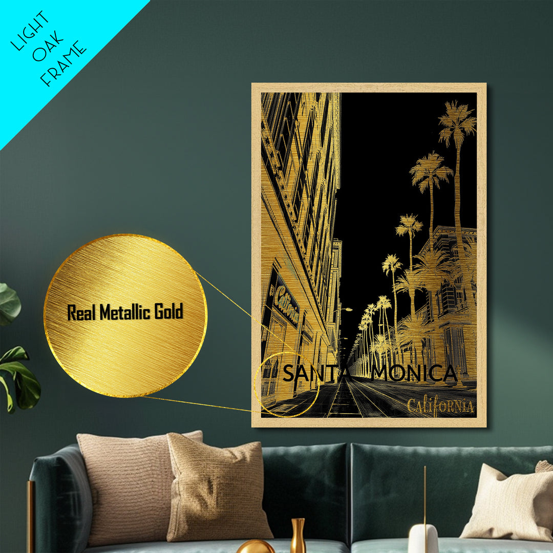 Santa Monica California travel, Metallic Gold Print, Modern House Art, Metal Art, Wood Framed Art, Wanderlust Gift, Travel Art Prints
