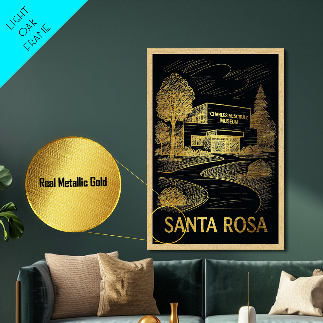 Santa Rosa California art, Metallic Gold Print, Modern House Art, Metal Art, Wood Framed Art, Traveler Gift, Destination Gift