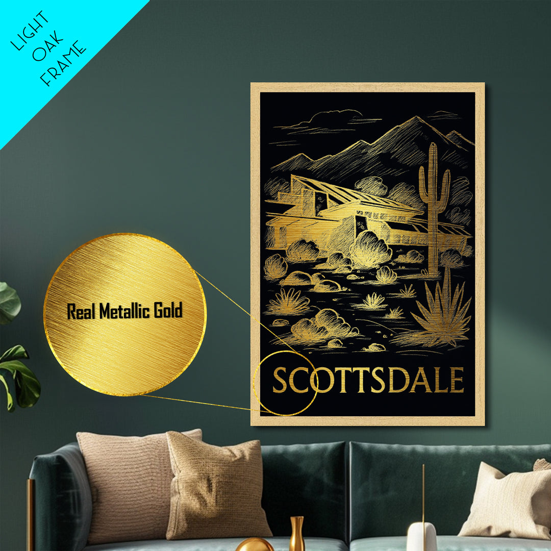 Scottsdale Arizona art, Metallic Gold Print, Modern Skyline Wall Print, Metal Art, Wood Framed Art, Adventure Lover Gift, Travel Gift