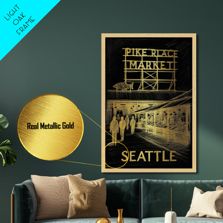 Seattle Washington art, Metallic Gold Print, Closing Gift, Metal Art, Wood Framed Art, Anniversary Travel Gift, Retirement Gift