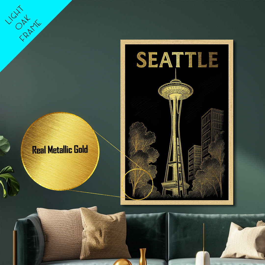 Seattle Washington travel, Metallic Gold Art, Office Decor, Metal Art, Wood Framed Art, Graduation Travel Gift, Destination Gift