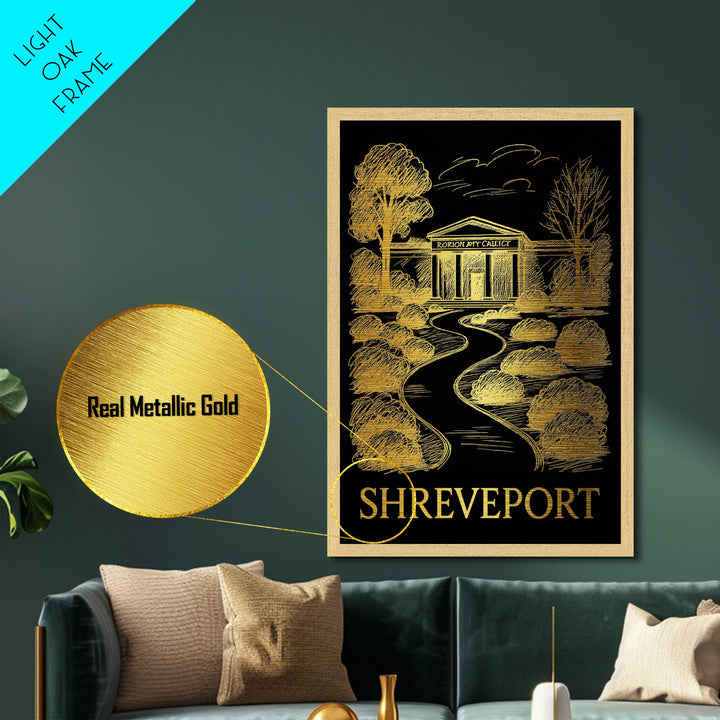 Shreveport Louisiana art, Metallic Gold Art, Travel Art Prints, Metal Art, Wood Framed Art, Adventure Lover Gift, Traveler Gift