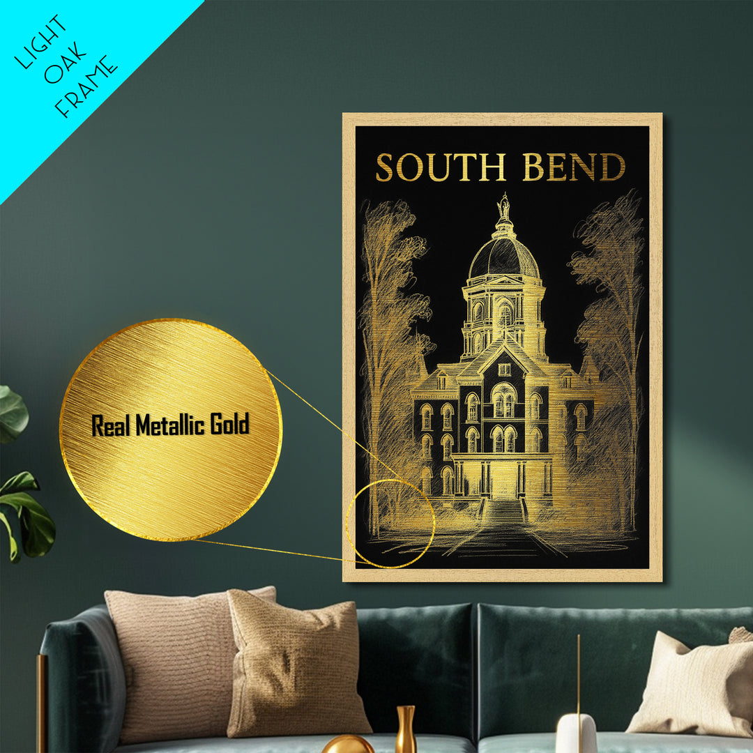 South Bend Indiana travel, Metallic Gold Print, Modern Skyline Wall Print, Metal Art, Wood Framed Art, Adventure Lover Gift, Travel Gift