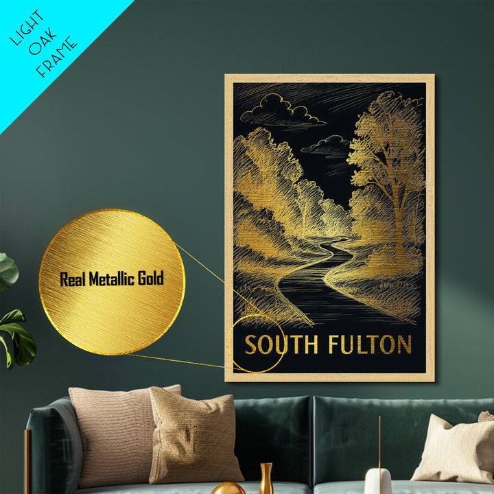 South Fulton Georgia art, Metallic Gold Art, Office Decor, Metal Art, Wood Framed Art, Graduation Travel Gift, Destination Gift