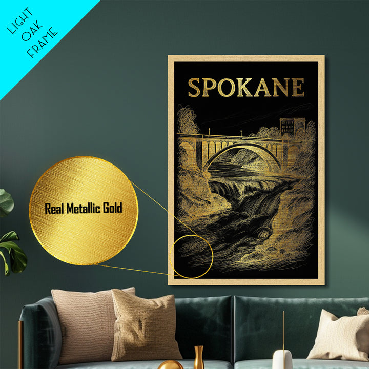 Spokane Washington travel, Metallic Gold Print, Modern House Art, Metal Art, Wood Framed Art, Traveler Gift, Destination Gift