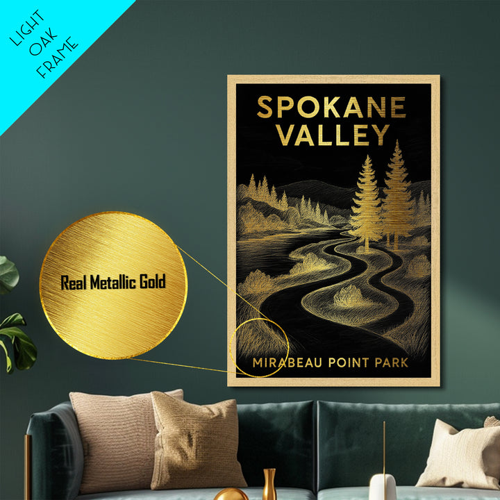 Spokane Valley Washington travel, Metallic Gold Print, College Dorm Décor, Metal Art, Wood Framed Art, Graduation Travel Gift