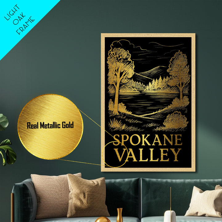 Spokane Valley Washington art, Metallic Gold Art, Best Friend Gifts, Metal Art, Wood Framed Art, Birthday Travel Gift, Destination Gift