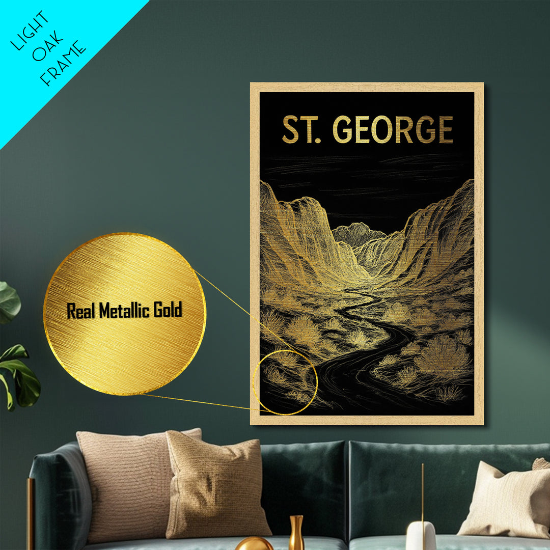 St. George Utah travel, Metallic Gold Print, Modern Skyline Wall Print, Metal Art, Wood Framed Art, Adventure Lover Gift, Travel Gift